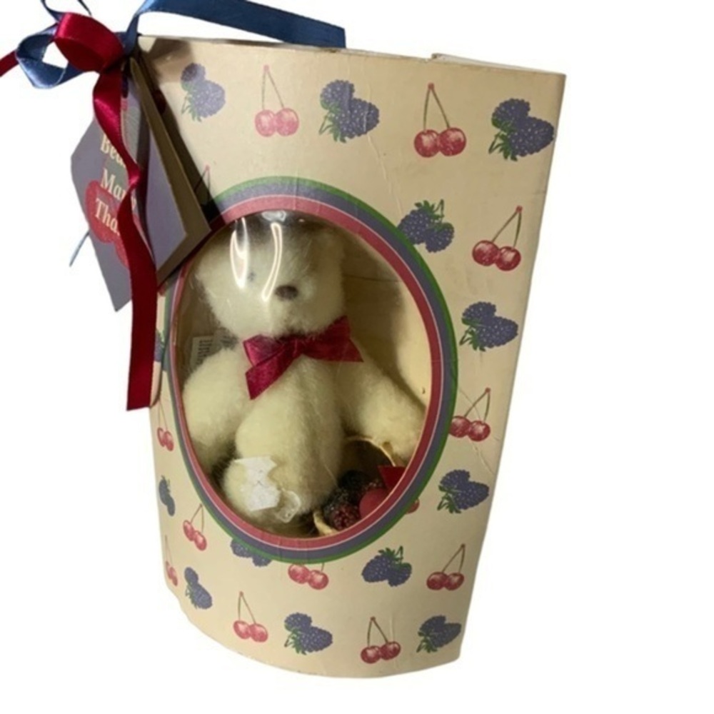 NABCO Bearry Many Thanks Fuzzy Greetings Vintage 5.5" Teddy‎ Bear W. Gift Basket